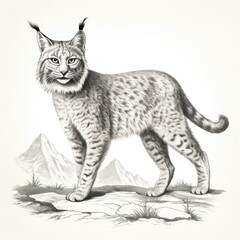 Vintage engraving of Canadian Lynx in 1800s style on white background.