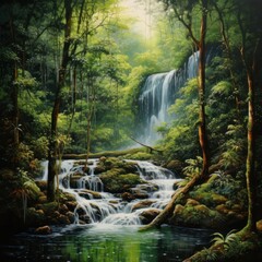 Immersing in the vibrant rainforest: A serene waterfall's essence captured.