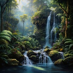 Encompassing serenity: Vibrant rainforest, waterfall essence captured.