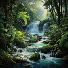 Serene waterfall's essence in vibrant rainforest captured.