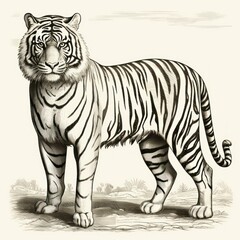 1800s-style vintage engraving of Caspian Tiger on white background. - 668778173