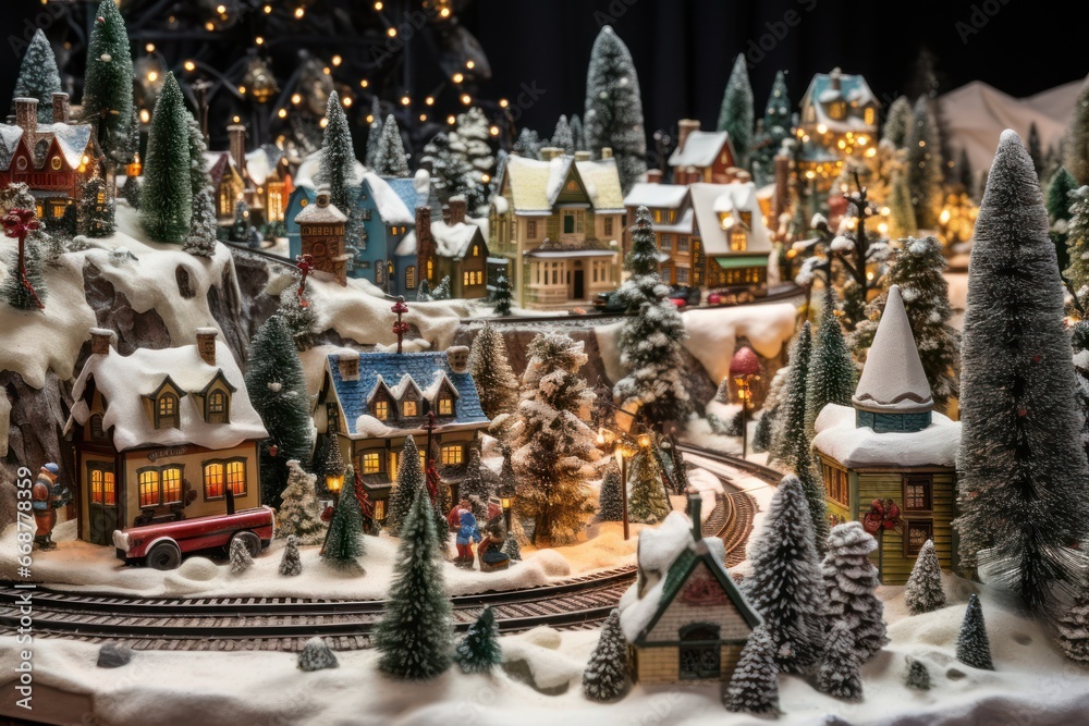 Wall mural Snowy, Lit Christmas Village for Festive Cheer.