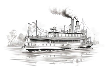 Fototapeta premium Steamboat Engraving on White - Classic Illustration