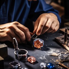 Master jeweler's hands intricately setting dazzling gemstone. - 668778501