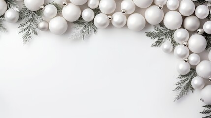 Elegant Christmas Composition: White Ball Garland and Tree Branches on Pure White Background - Festive Holiday and Winter Concept with Top View and Copy Space