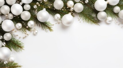 Fototapeta na wymiar Elegant Christmas Composition: White Ball Garland and Tree Branches on Pure White Background - Festive Holiday and Winter Concept with Top View and Copy Space