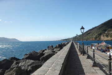 Promenade and marina in the village Santa Marina Salina, the Aeolian islands, Italy	