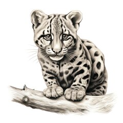 1800's Style Engraving of Clouded Leopard on White Background