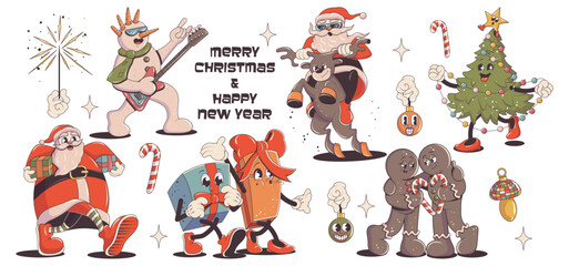 Groovy christmas set, collection of trendy retro hippie stickers. Santa Claus, snowman with a guitar, Christmas tree, walking gifts, deer, gingerbread in trendy retro cartoon style.