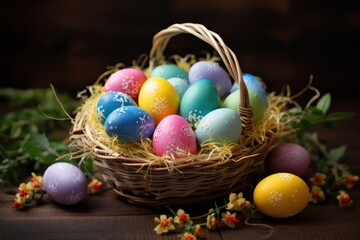 Fototapeta na wymiar Basket of Vibrant Easter Eggs.