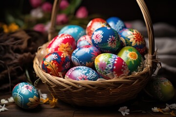 Fototapeta na wymiar Bright basket with Easter eggs