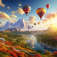 Vibrant hot air balloons glide above stunning scenery.