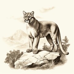 Antique Cougar Engraving on White - 19th Century Style Illustration - 668779166