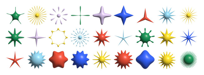 Set of simple abstract 3d vector shapes.  Flowers and stars object. Cosmic  brutalistic figures.	