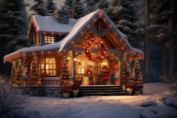 Warmly Lit Holiday Cabin, Cozy & Inviting. - obrazy, fototapety, plakaty