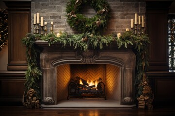 Decorated Mantle: Cozy Fireplace with Wreath