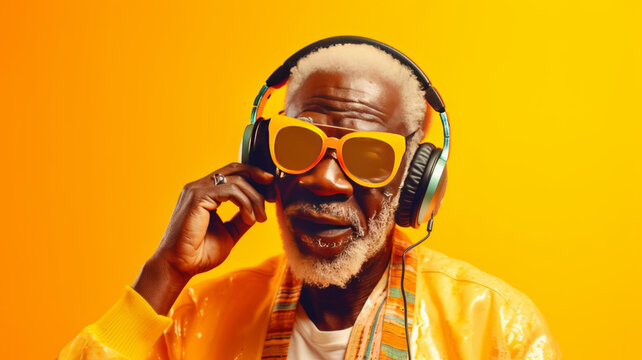 Cool old black man wearing headphones listening music Grandpa listens to music,