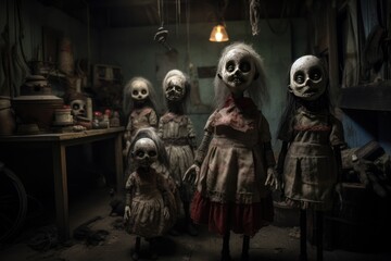 Moonlit attic unveils creepy dolls.