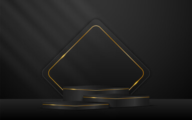 Multi-tiered black podium with black squares with elegant gold lines on the back for product presentation. Display of cosmetic products. Stage or podium. vector illustration	