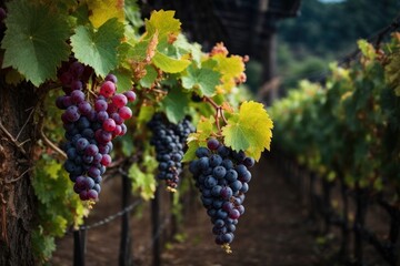 a fresh grapes farm, black grapes. Generative AI