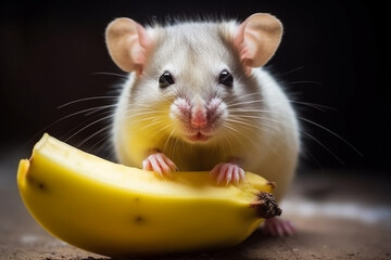Cute little rat with a banana on a wooden table. Studio shot.