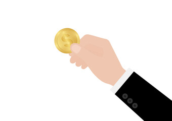 Hand Holding Coin. Vector Illustration Isolated on White Background. Investment and Saving Concept.