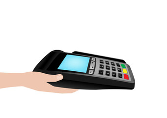 Hand Holding POS - Point of Sale Terminal or Credit Card Reader Machine. Vector Illustration. 