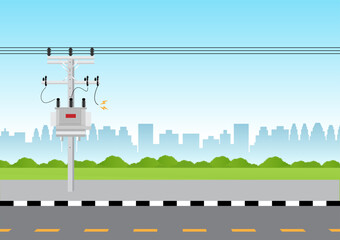 Fototapeta premium Electric pole and and Electric transformer damage and broken with Short Circuit Spark. Electric pole. Power Poles. Electric Power transmission. Vector Illustration.