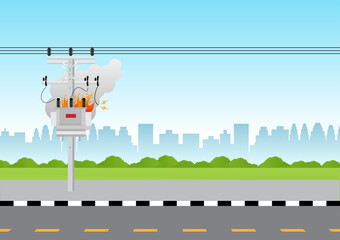 Electric pole and and Electric transformer broken with fire spark. Electric pole. Power Poles. Electric Power transmission. Vector Illustration. - obrazy, fototapety, plakaty