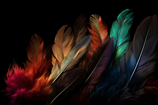 Colorful feathers on a black background. Close-up, macro
