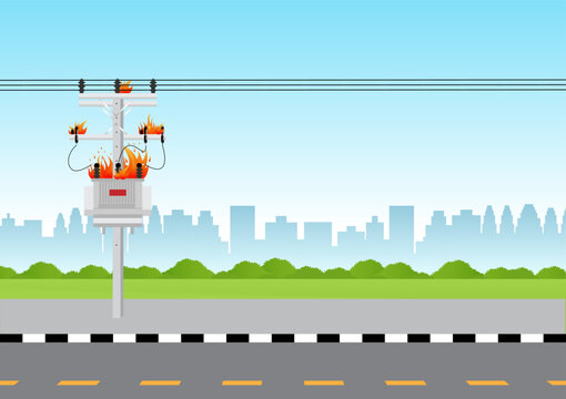Electric pole and and Electric transformer broken with fire spark. Electric pole. Power Poles. Electric Power transmission. Vector Illustration.