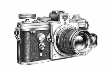 Vintage Camera Engraving: Meticulously Detailed on White.