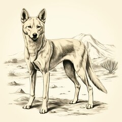 1800s-style engraving of a vintage Dingo on white background.