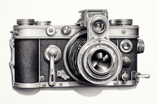 Vintage Camera Engraved in Detail on White.