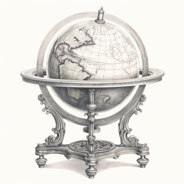 Antique Globe Engraved in Detail on White