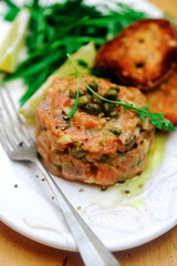 Salmon tartare ,toast with glass of wine