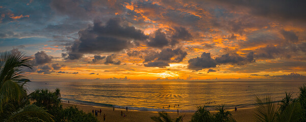 .aerial view amazing sky in sunset above the ocean at Karon beach Phuket..Imagine a fantasy bright yellow clouds changing in colorful sky..Gradient color. Sky texture, abstract nature background.