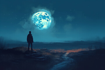 Man looking at the moon in the night sky. 3d rendering