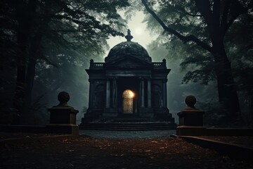 Cemetery's eerie moonlit mausoleum.