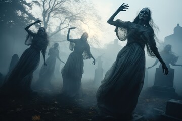 Spooky spirits dance in graveyard.