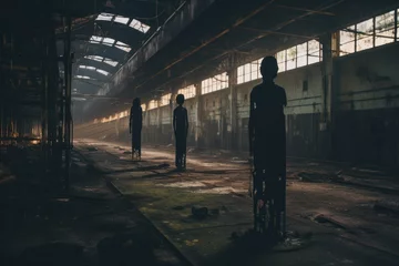 Papier Peint photo autocollant Vieux bâtiments abandonnés Abandoned factory haunts with shadowy figures.
