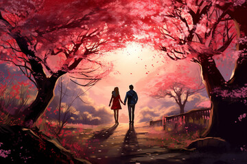 Love, Valentines day, travel concept. Young couple dark silhouette walking in Sakura park in Japan during springtime and sunset