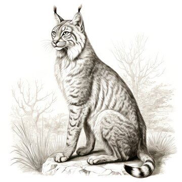 1800s Style Eurasian Lynx Engraving on White Background