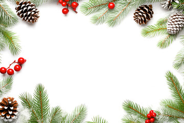 Fototapeta premium Christmas Colorful Decorations Frame With White Background. Christmas Greeting Card With Copyspace For Text Message. Ai Generated 