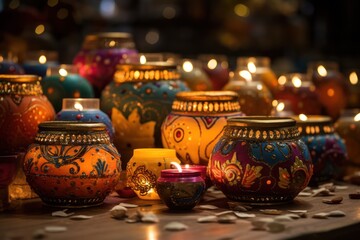 Diwali Lamps and Festive Decor. - obrazy, fototapety, plakaty