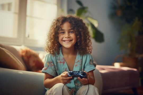 Young Girl Enjoying Video Games at Home
