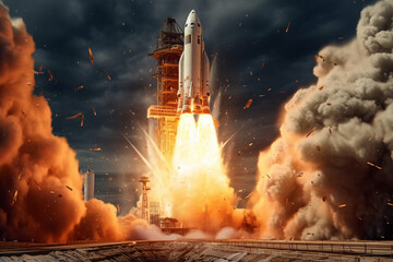 Gigantic rocket launch, hyper-realistic - obrazy, fototapety, plakaty