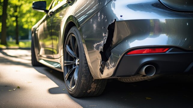 Vehicle shows rear bumper damage from an accident.