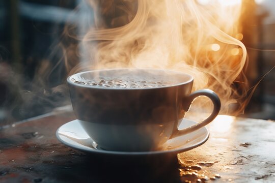 Close-up photo of a cup of hot coffee, tea with steam on the street. Cold days, damp weather. Mood and concept of autumn or early spring. Selective focus, bokeh.