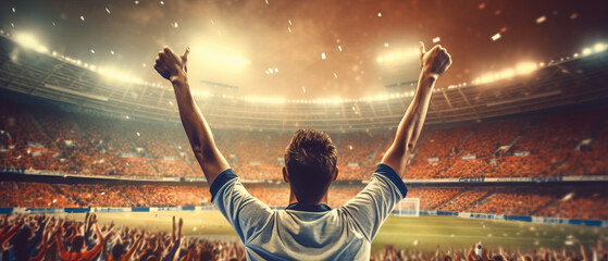 Fototapeta na wymiar Football fan cheers, hands raised.